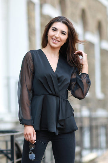 Black Frill Front Satin Top Double Second